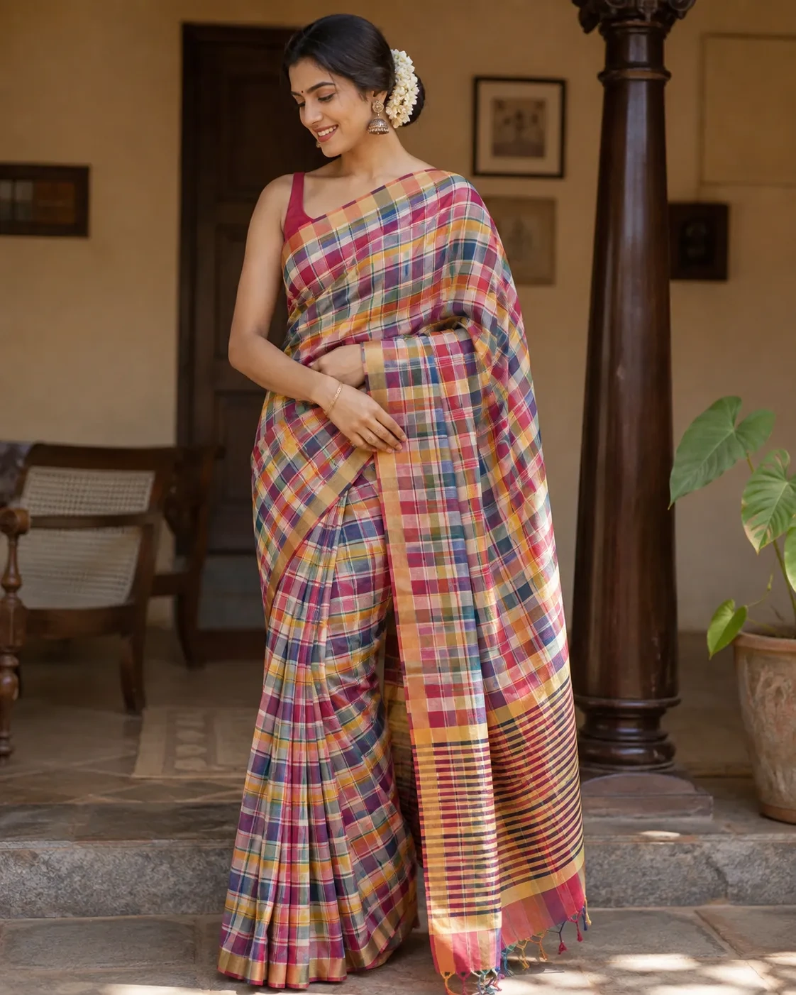 Madras Checks fabric styled in contemporary Indian fashion