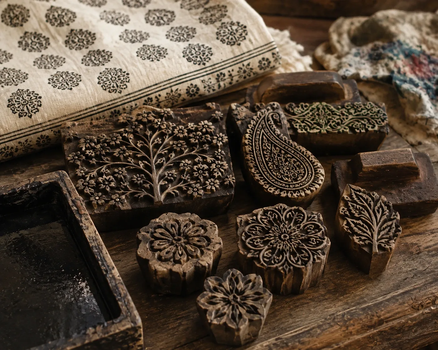 Hand-carved wooden blocks used for Indian block printing and heritage textiles