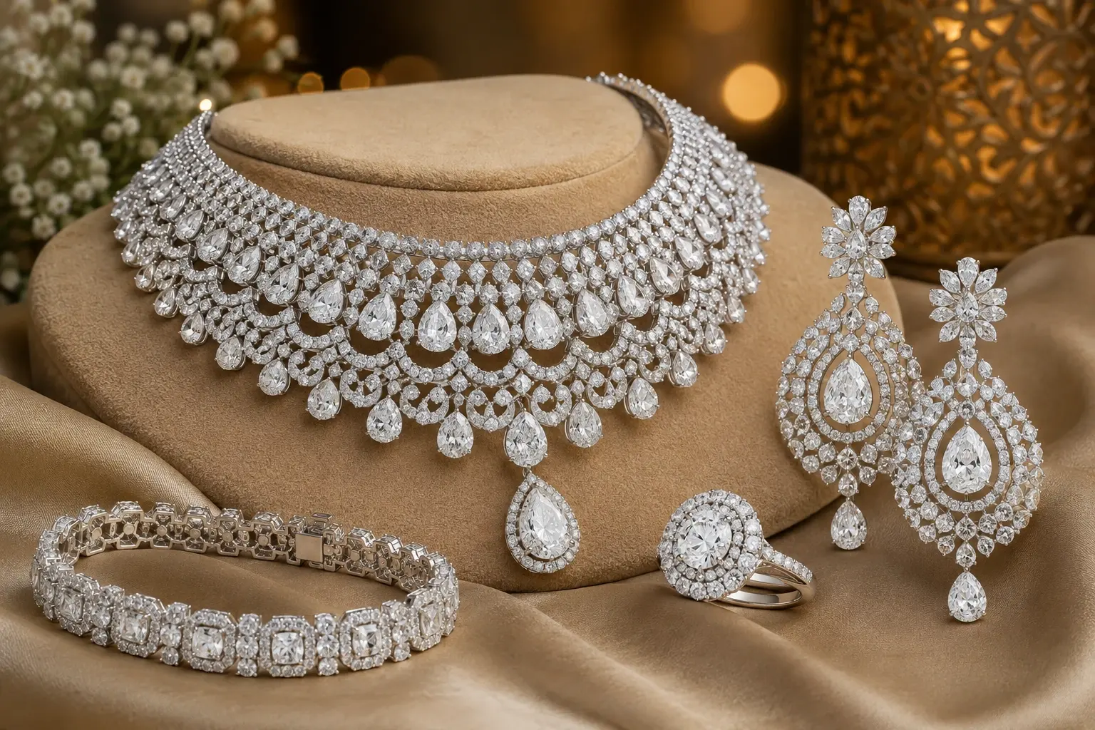 Detailed Indian diamond jewellery showing artisan craftsmanship